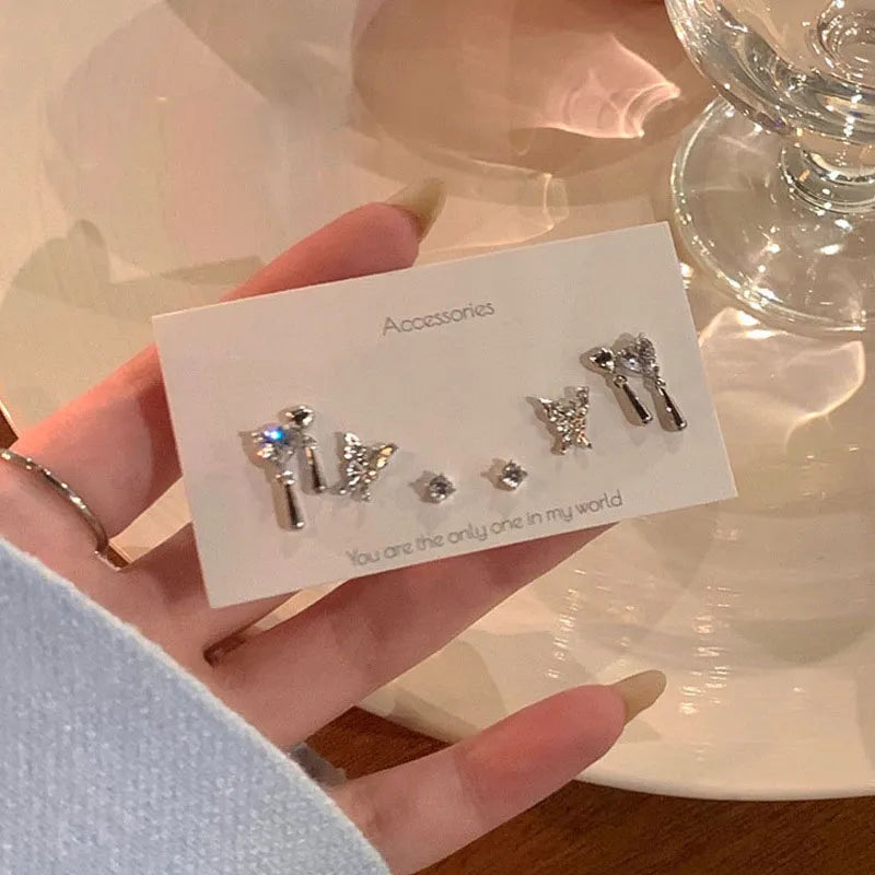 nvxiot Y2K 6Pcs/set Silver Color Rhinestone Butterfly Stud Earrings for Women Fashion Punk Heart Earring Sets Trendy Jewelry Gifts