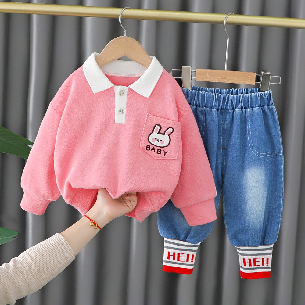 nvxiot Spring Autumn Children Boys Girls 2PCS Clothing Set Embroidery Cartoon Bear Sweatshirts Jeans Pants Baby Girl Sports Suit