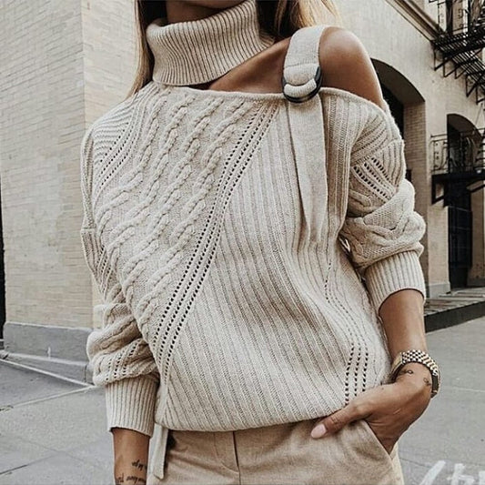 nvxiot knitted hollow out sweater pullovers female one shoulder belt turtleneck oversized sweater streetwear casual vintage top