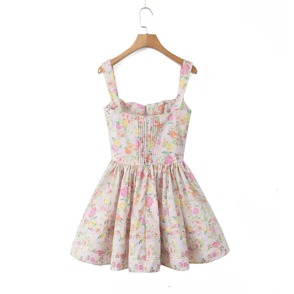 nvxiot Style 2024 Summer Women's New Fashionable Floral Print Pleated Patchwork Slim Fitting Suspender Dress