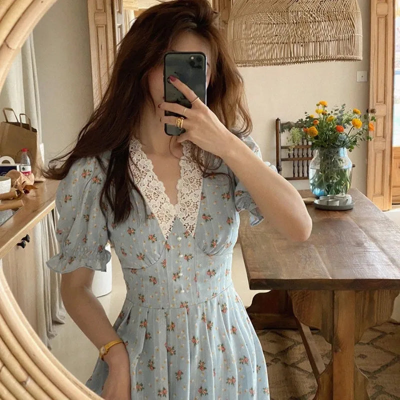 nvxiot Stylish Floral Print Elegant Dresses for Women Puff Sleeve Lace Y2k Retro Midi Dress Female V Neck France Style Summer Dresses 2024 New