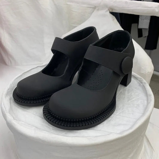 nvxiot New High Heel Shoes Women's Flat Buckle Mary Jane Shoes Big Head Doll Shallow Mouth Single Shoes