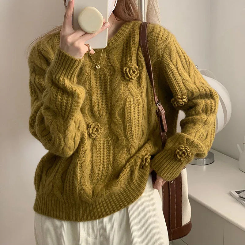 nvxiot  Autumn and Winter Knitwear for Women 3D Embroidery Rose Hook Flower Tops Long Sleeve Women Cashmere Warm Sweater