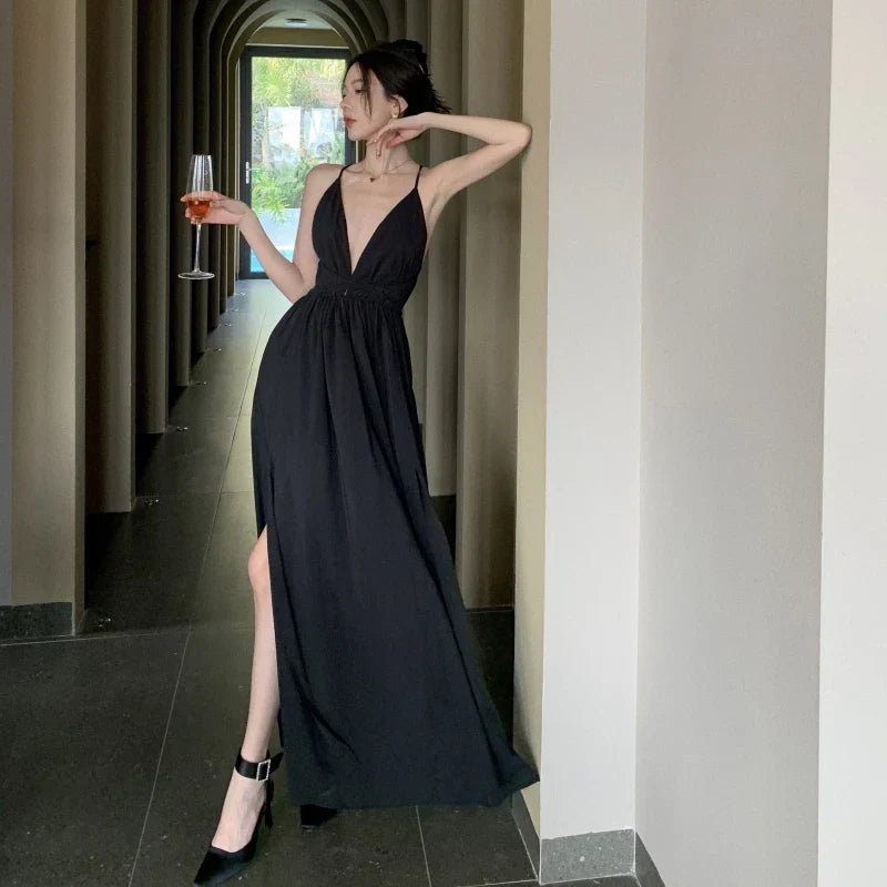 nvxiot-Elegant Black Long Bodycon Dress for Women Slim Sleeveless Fashion Backless Solid Party Evening Prom Dresses New Summer 2023