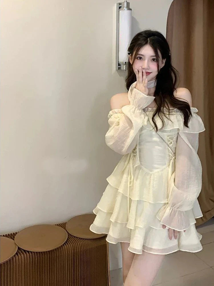 nvxiot Long Sleeve Elegant Mini Dress Lolita Pure Color Short Party Dress Woman Casual 2023 Spring Sweet One Piece Dress Korean Fashion