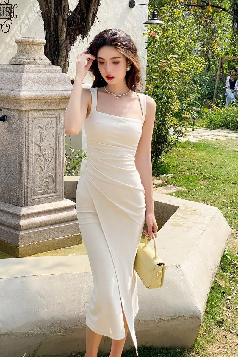 nvxiot-New Arrived Square Neck Vintage Dress for Women Sleeveless Fashion Luxury Sling Slim Party Evening Long Dresses Summer 2024