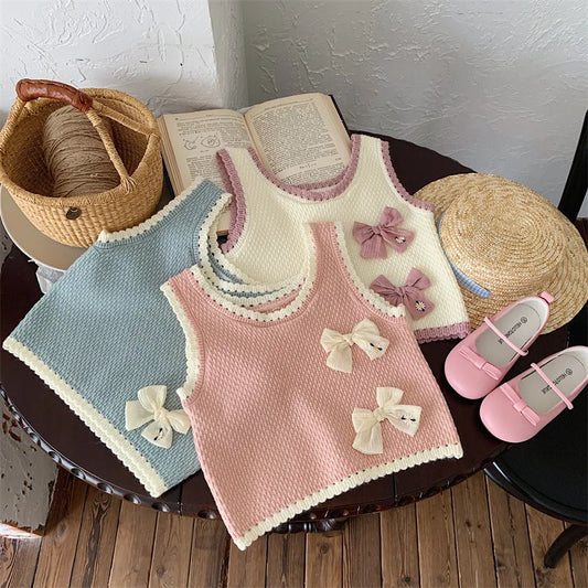 nvxiot  -  2024 Spring Children Girl Vest Korean Knotbow Toddler Girl Sweater Tank Top Spliced Loose Knitted Sleeveless Baby Girl Pullovers