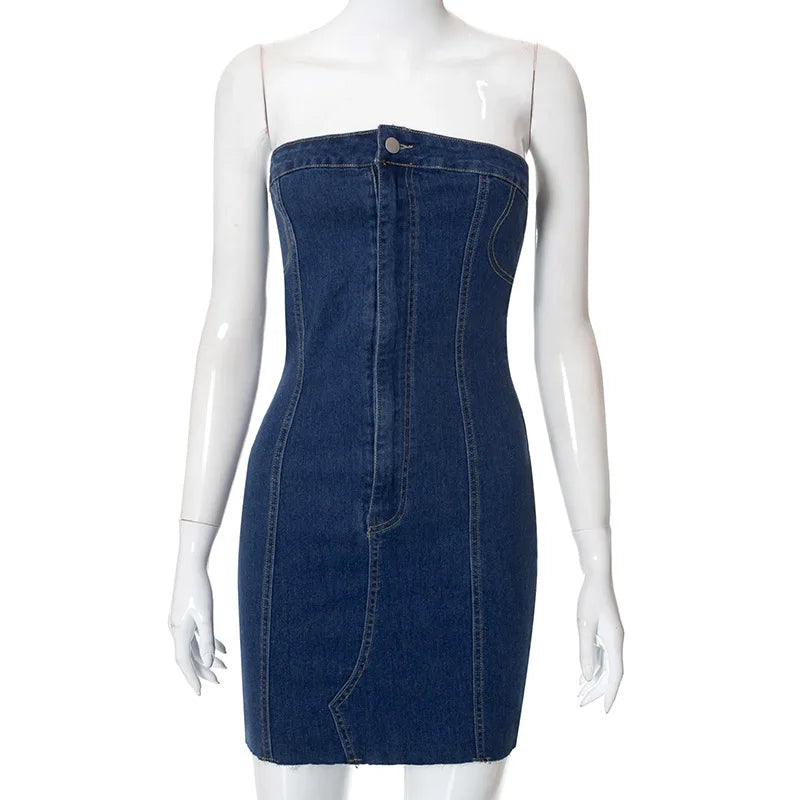 MQTIME  -  Shoulder Denim Dress Women Summer Sleeveless Backless Sexy Mini Bodycon Dresses Elegant Button Y2K High Street Dress