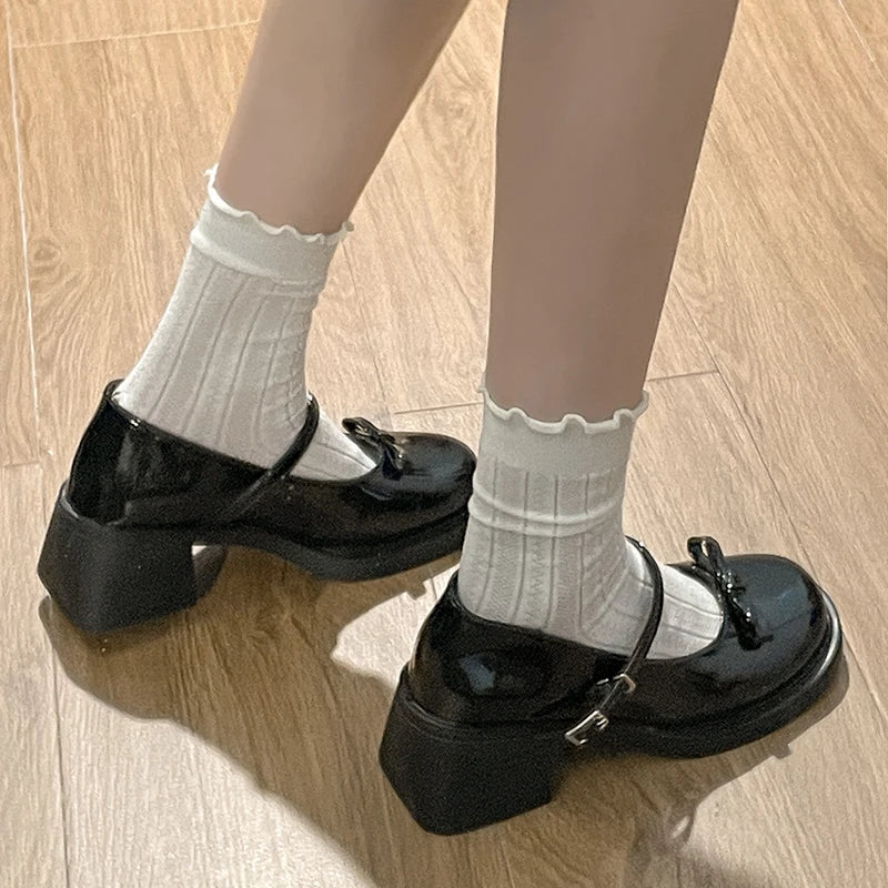 nvxiot Patent Leather Jk Uniform Dress Shoes for Women Vintage Square Heels Mary Jane Shoes Woman Japanese Style Bow Buckle Strap Pumps