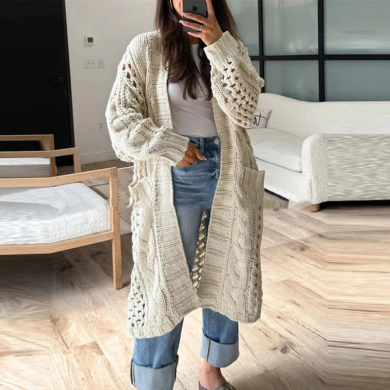 MQTIME  -  2024 Casual Solid Color Pocket Coat Ladies Elegant V Neck Hollow Knitted Cardigan Autumn Winter Thick Warm Loose Sweater Outwear