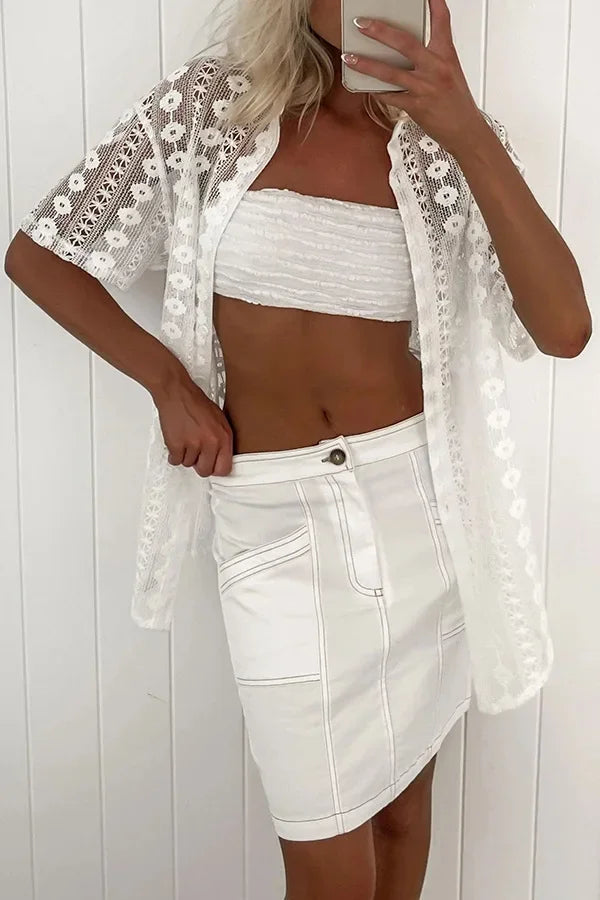 MQTIME  - Sexy Women Lace 2-piece Set Summer Women  Shorts Sets 2024 New Casual White Lace Hollow Short Sleeve Cardigan+Shorts Set