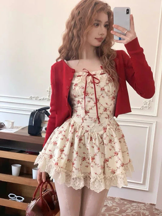 nvxiot stylish dress 2024 New Sweet Floral Dress Set Woman Casual Red Short Cardigan Elegant Lace Y2k Mini Dress Beach Korean Fashion Clothing Suit