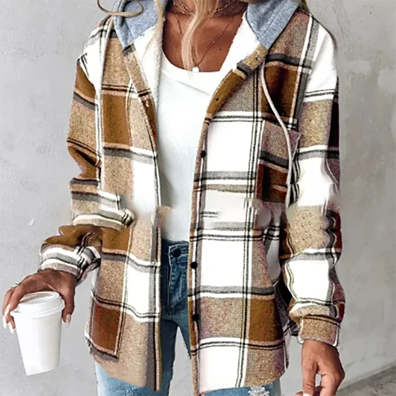 MQTIME  -  2024 Autumn Plaid Printed Women's Jacket Casual Streetwear Long Sleeved Hooded Coat Fashion Single Breasted Commuting Outerwear