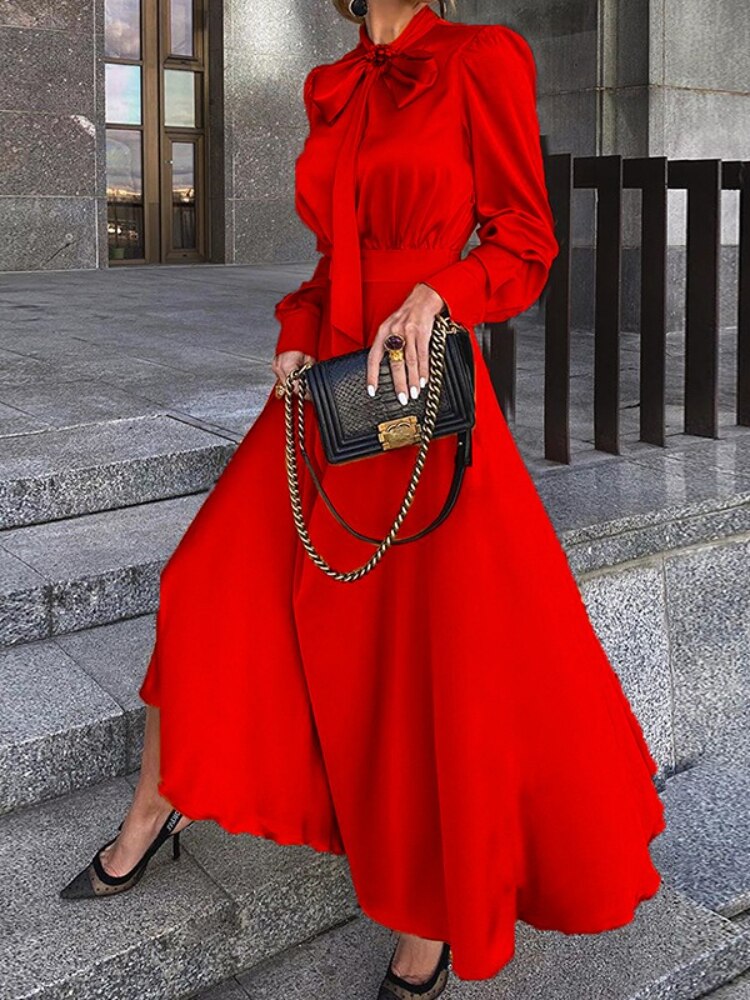 nvxiot Black Dress Vintage 2023 Fashion Spring Summer Long Sleeve French Elegant Chic Dress Ankle-Length Bow Clothing for Women Robe