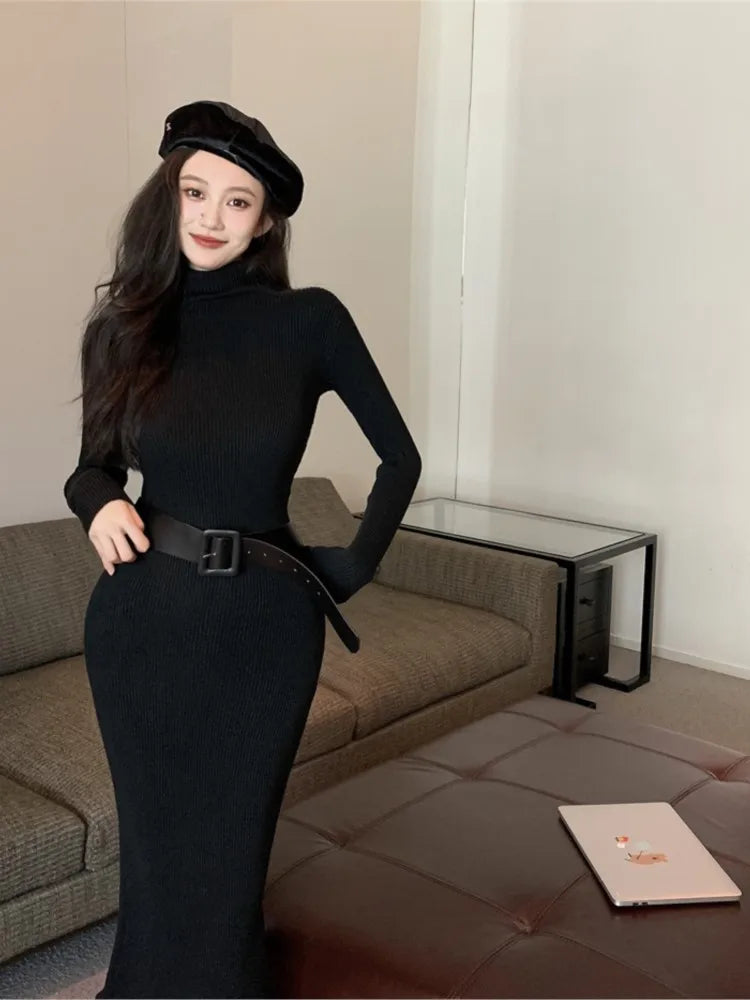 nvxiot autumn winter women solid elegant slim knitted dress korean long sleeve sweater dress office lady midi dress