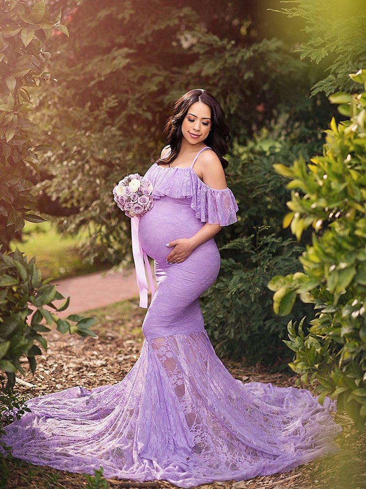 nvxiot Mermaid Maternity Lace Gown Pregnant Women Off Shoulder Strap Ruffles Maxi Photography Dress Elegant Pregnancy Dress Photo Prop