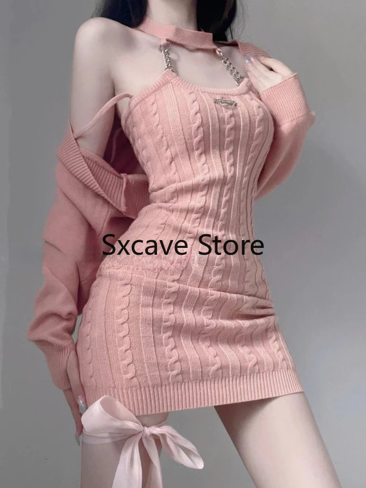 nvxiot 2024 Autumn Pink Knitted Suits Office Lady Casual Y2k Crop Tops + Mini Dress Korea Fashion Clothing Even Party 2 Piece Dress Set