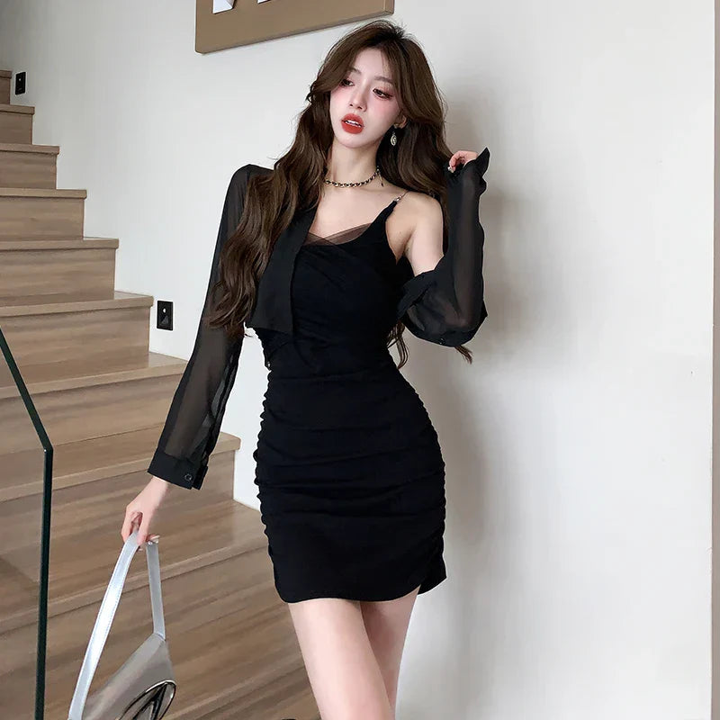 nvxiot-Elegant Slim Mesh Dress Women for 2023 Autumn Fashion with Black Sunscreen Cardigan Korean Office Lady Mini Dresses Long Sleeved