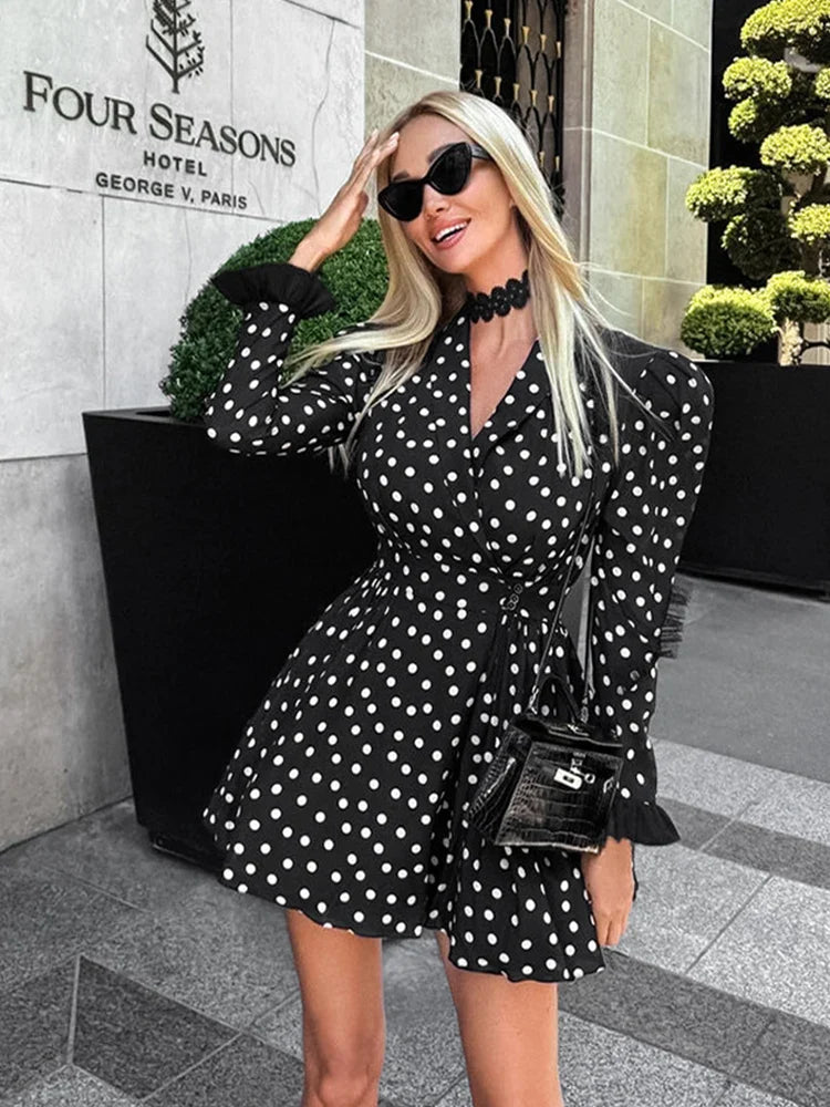 MQTIME  -  2024 Autumn Winter Women Elegant Polka Dot Mini Dress V-neck Black Long Sleeve Flare Mini Dress For Women