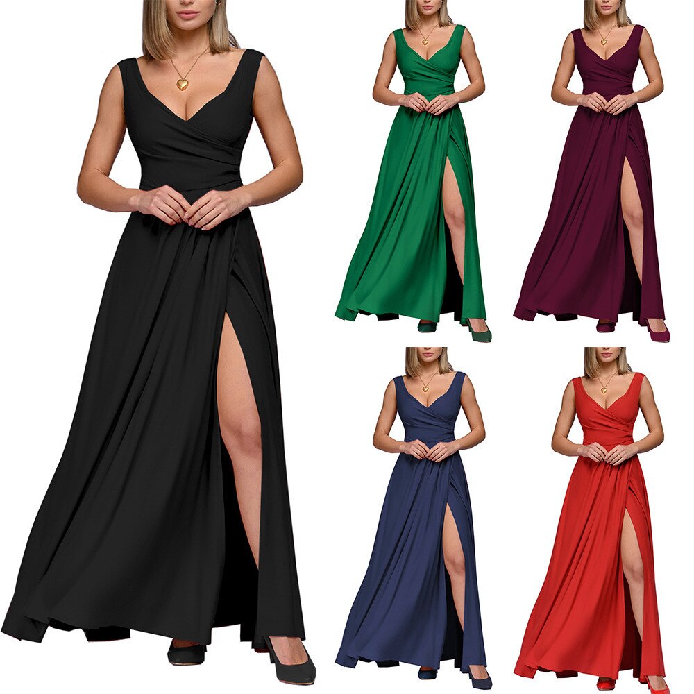 nvxiot Women Summer Elegant Long Party Dress Solid Color V-neck Zipper Split Fashion Evening Maxi Dress 2023