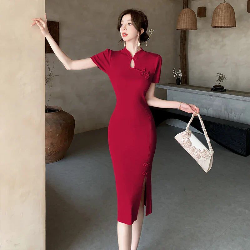 nvxiot  -  2024 Summer New Chinese Button Short sleeved Knitted Dress for Women's Vintage Elegant Temperament Slim Fit Mid length Dress