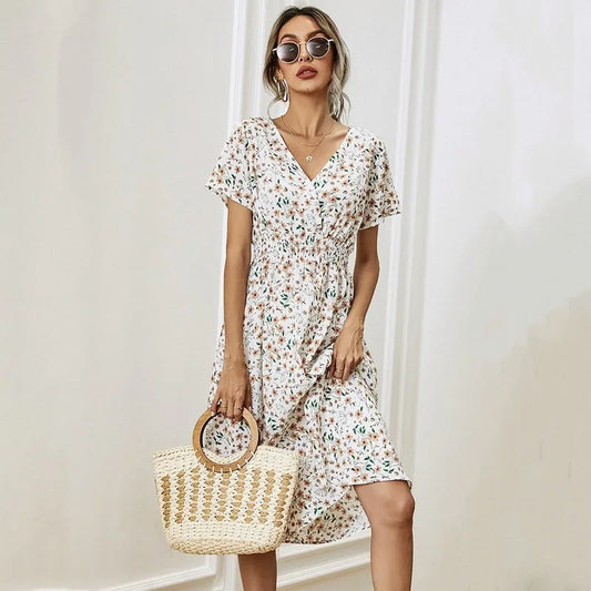 nvxiot -women's Floral Print Dress, Shirred Waist, Flared Hem Dress, Summer Holiday, Short Sleeve, V-neck, A-line Long Dress