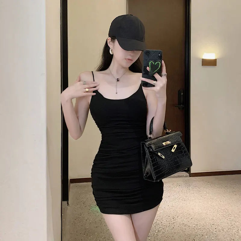 MQTIME  -  Summer Tight Sexy Show Body Sling Dress Women's Inner Wear with Chest Cushion Wrap Hip Fold Short Skirt