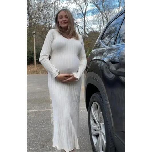 nvxiot  -  Maternity Women Ribbed Knit Maxi Dress Long Sleeve V Neck Slim Fit Bodycon Pencil Long Dress Party Clubwear Baby Show