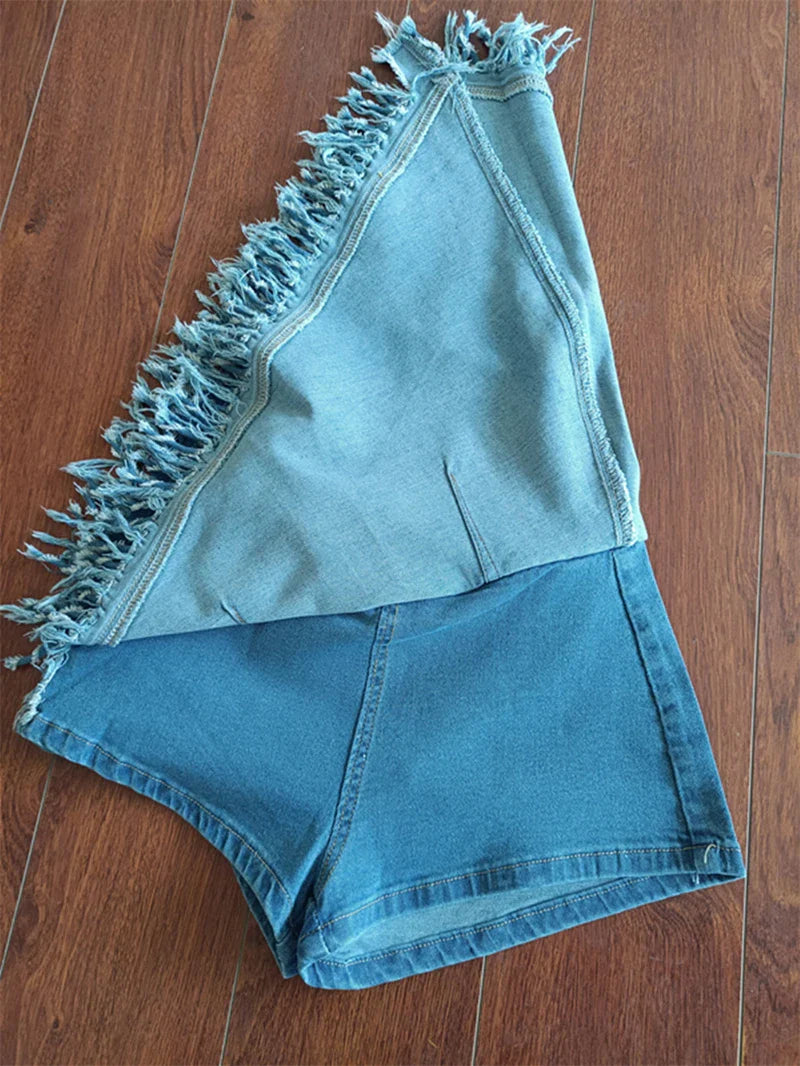 nvxiot  - Asymmetrical Tassel Apron Jeans Shorts Women Slim High Waist Button Fly Zipper Denim Culottes Female Fashion Casual Streetwear