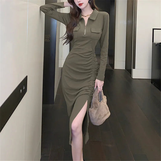 nvxiot-Casual Solid Women Midi Dress for Autumn Fashion 2023 New Long Sleeved Polo Collar Elegant Chic Office Lady Slim Long Dresses