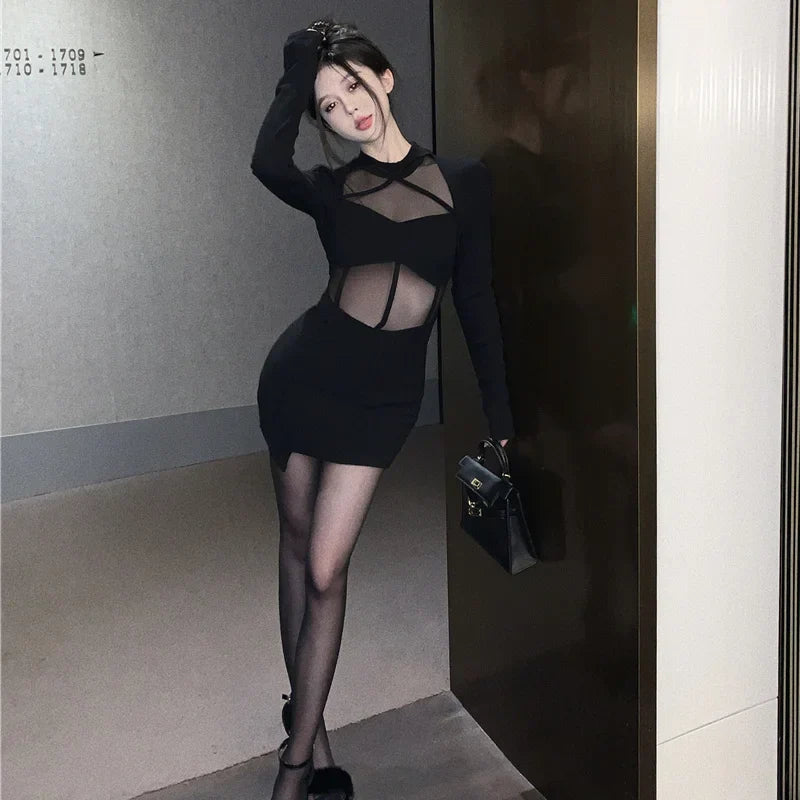 nvxiot-CLUB OUTFITS Long Sleeve Dresses Women Halter Elegant Black Sexy Slit Fashion Skinny Spring Hotsweet Sheer European Style Ankle-length Party