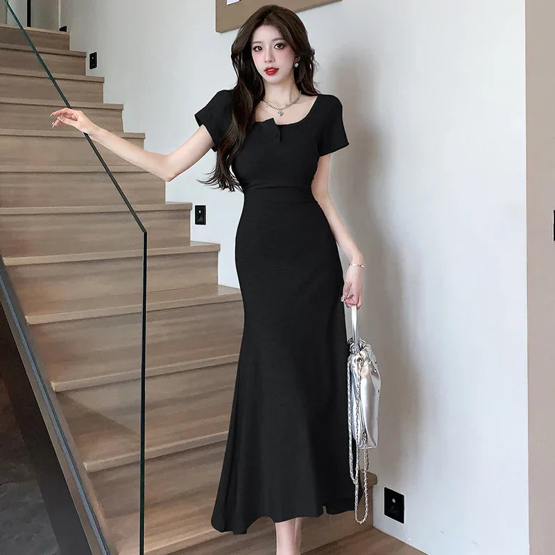 MOJOYCE-Solid Simple Bodycon Dresses for Women 2024 Midi Square Neck Short Sleeve Office Lady Vestidos Waist Black Dress Party Birthday