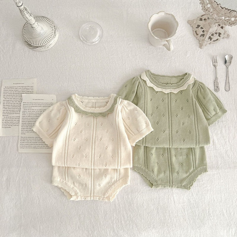 nvxiot Fashion Baby Knitted Clothes Set Lace Collar Hollow Out Knitted Short Sleeve Top + Shorts Designers Summer Kids Clothes Outfits