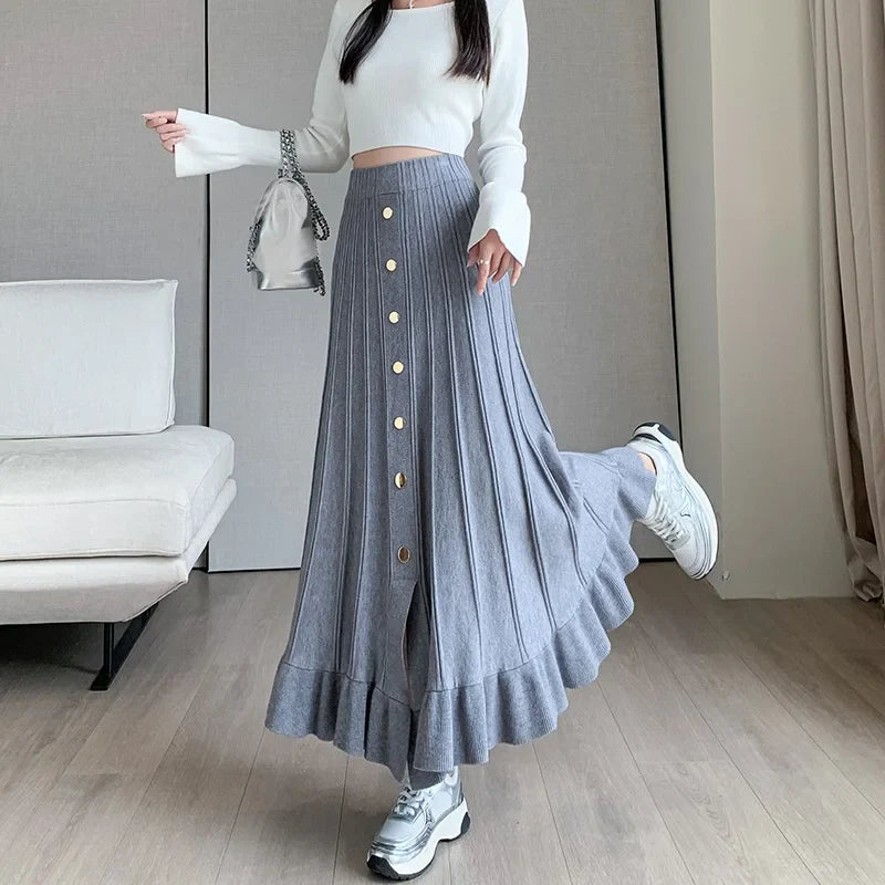 nvxiot  -  Thickened knitted half length skirt for women, autumn and winter slim A-line skirt, large swing skirt