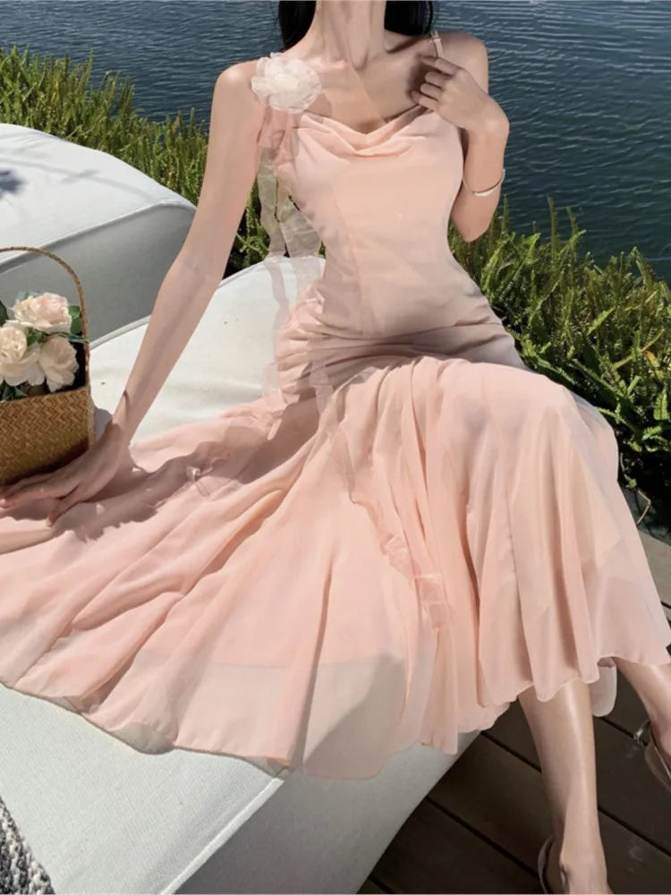 nvxiot  -  Sweet Elegant Pink Slip Backless Ruffles Pleated Fishtail Long Dresses Women Sexy Birthday Party Prom Evening Dress 2024 Summer