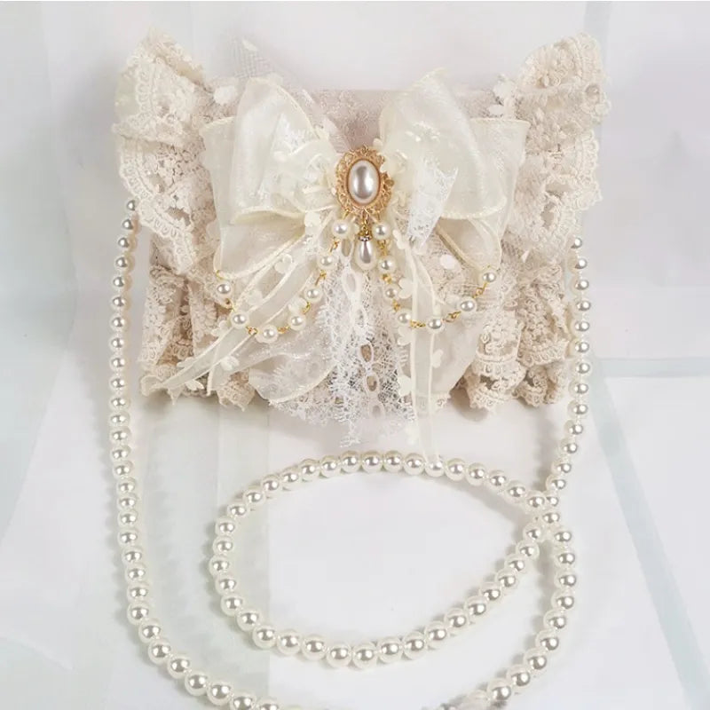 nvxiot Lolita Gentle Girls Shoulder Bags Elegant Sweet Lace Bow Women's Handbags Fashion Cute Pearl Chain Top-Handle  Y2k Aesthetic