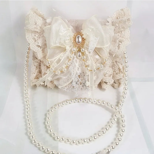 nvxiot Lolita Gentle Girls Shoulder Bags Elegant Sweet Lace Bow Women's Handbags Fashion Cute Pearl Chain Top-Handle  Y2k Aesthetic