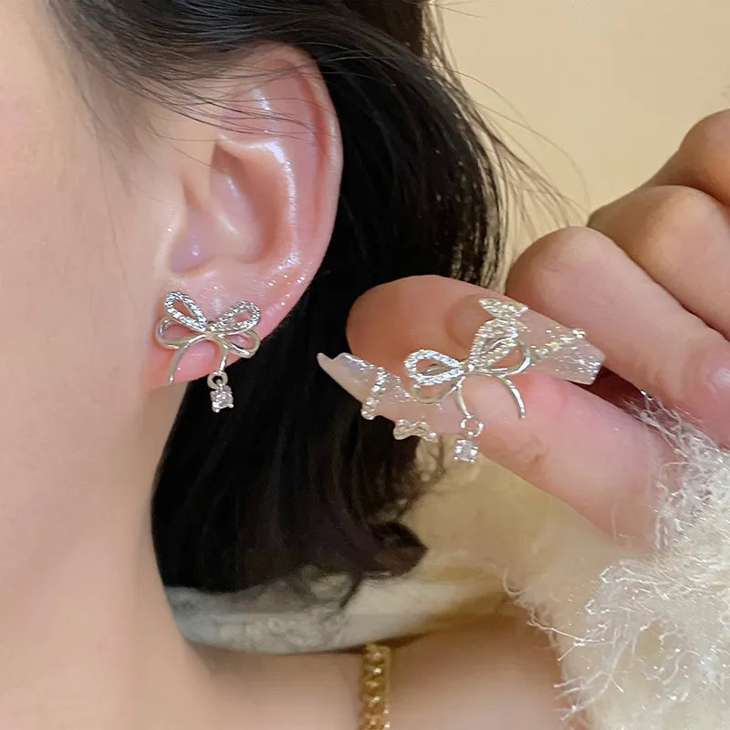 nvxiot Y2K Bowknot Zircon Stud Earrings for Women Fashion Korean Silver Color Pink Crystal Personality Earring Girl Party Jewelry Gifts