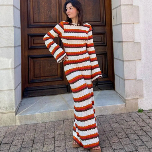 nvxiot Fashion Striped Knitted Beach Dress Women Elegant Long Sleeve Backless Long Dress Casual Loose Holiday Vacation Outfits Summer