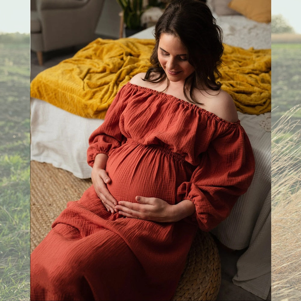 nvxiot Maternity Photography Gown Comfort Bohemian Dress Boho Style Baby Shower Dress Linen Cotton One Shoulder For Pregnant Women