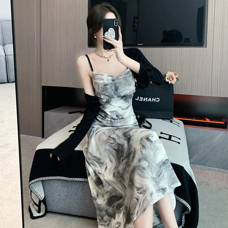 nvxiot  -  2024 Summer New Design Sensation Chinese Ink Painting New Chinese Swinging Neck Suspended Strap Open Back Style Dress Cardigan