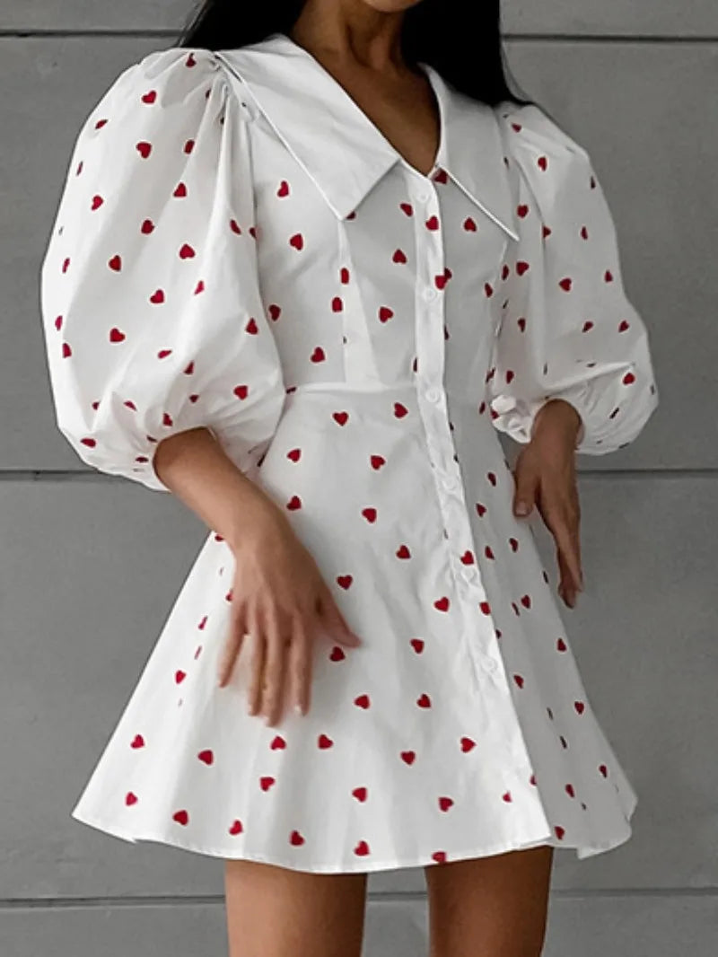 nvxiot Womens Red Loving Heart Print Cotton Dress 2024 Fashion Sweet Girls Single Breasted High Waist Tunics A-line Short White Dresses