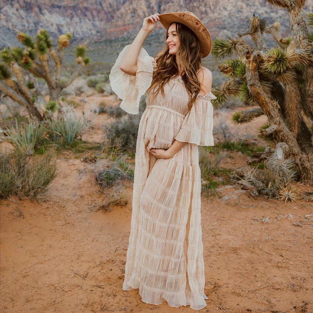 MQTIME  -  Bohemian Photo Shooting Pregnancy Dress Rose Theme In The Wilderness Pleated Chiffon Maternity Dress Clothes For Pregnant Women