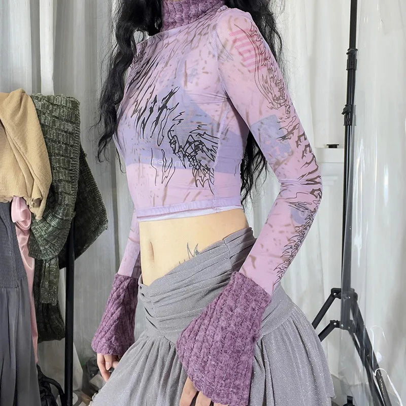 nvxiot  -  Fashion  Pattern Printed Mesh Top Women Stand Collar Long Sleeves Lilac Short Cropped T-shirt Ins Chic Female Celebrity OOTD