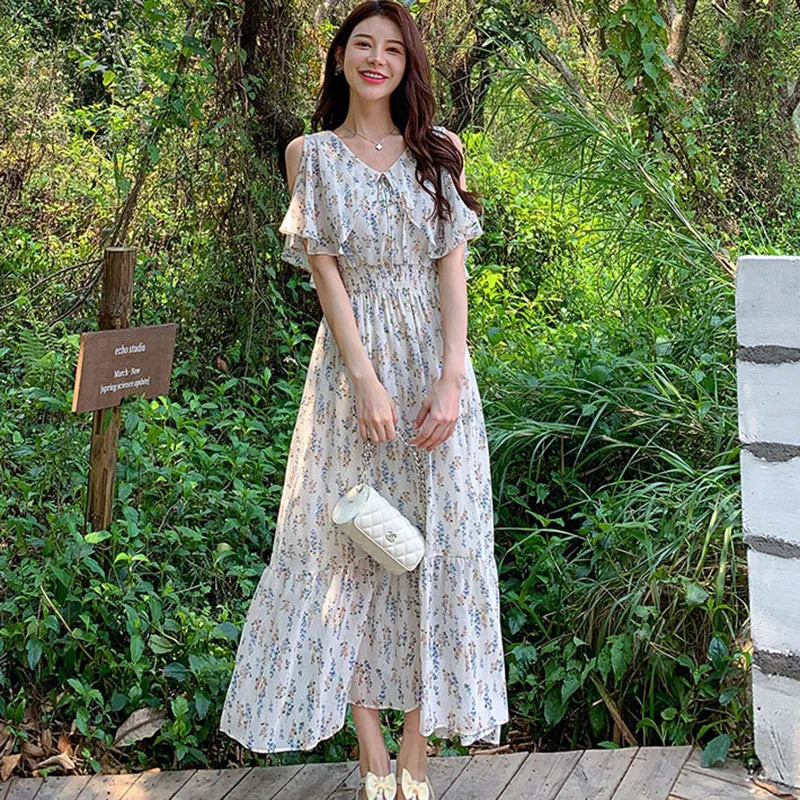 MQTIME  - Summer Floral Chiffon Ruffled Off Shoulder Casual Dress Women Fashion Chic Elegant Beach Long Dress 2024 Korean Bodycon Vestidos