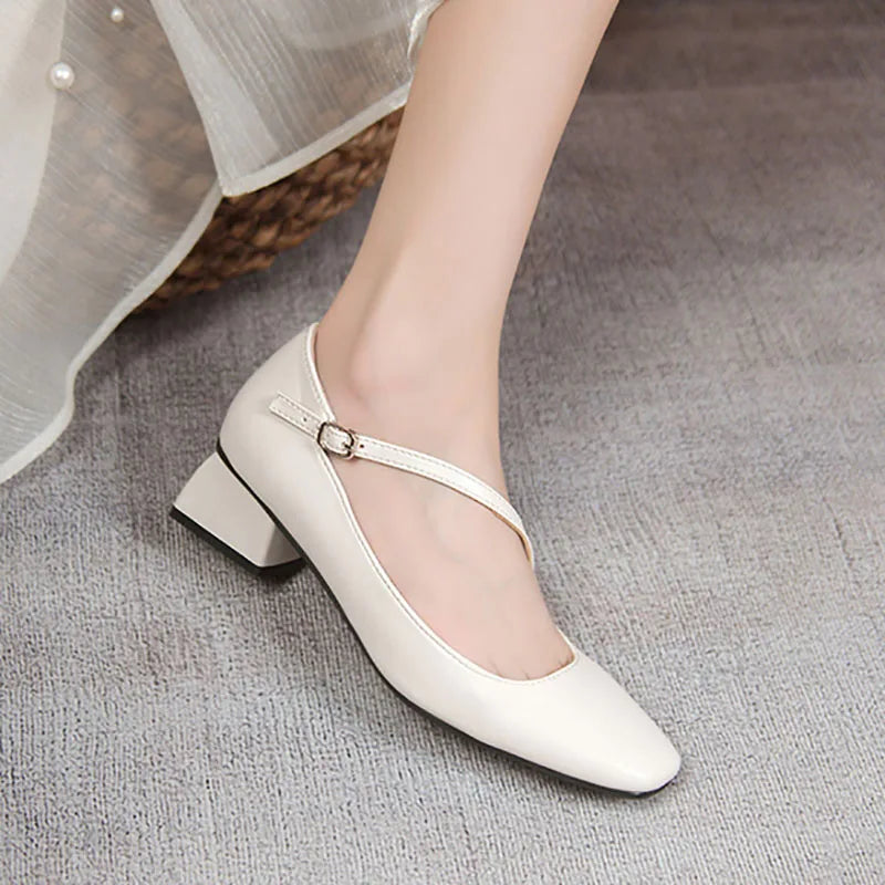 MQTIME -  New Women's Desinger Shoes Square Toe Pumps oblique Buckle Mary Janes Shoes Mid Heels Office Dress Shoes Zapatos Mujer 1463N