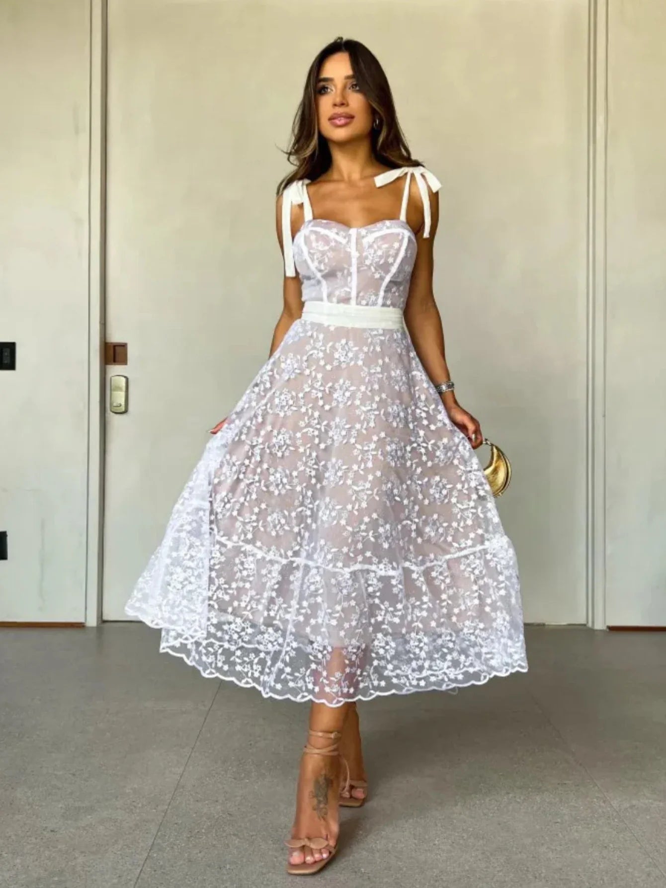 nvxiot  -   Summer New Elegant Lace Women's Dresses Fashion Lace-up Embroidery Dress Sexy Party Gown Chic Women Clothing Vacation Robes