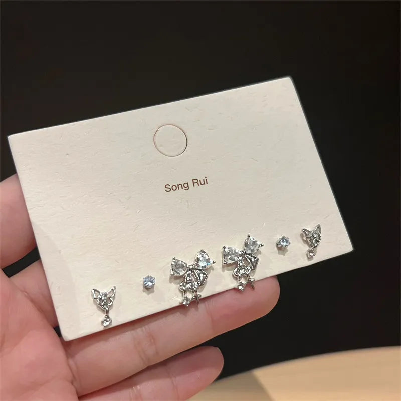 nvxiot Y2K 6Pcs/set Silver Color Rhinestone Butterfly Stud Earrings for Women Fashion Punk Heart Earring Sets Trendy Jewelry Gifts