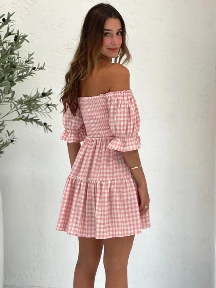 nvxiot Square Collar Gingham Printed Women Casual Summer Short Dress Puff Sleeve A-line Pink Cute Fashion Outfit Vestidos