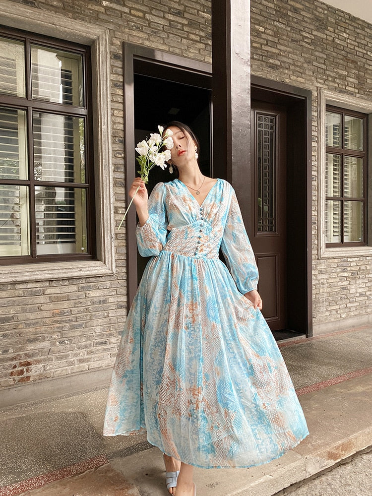 nvxiot French Elegant Floral Maxi Dress Chiffon V-neck Blue Long Lantern Sleeve Women Boho Casual Holiday Ladies Dresses New